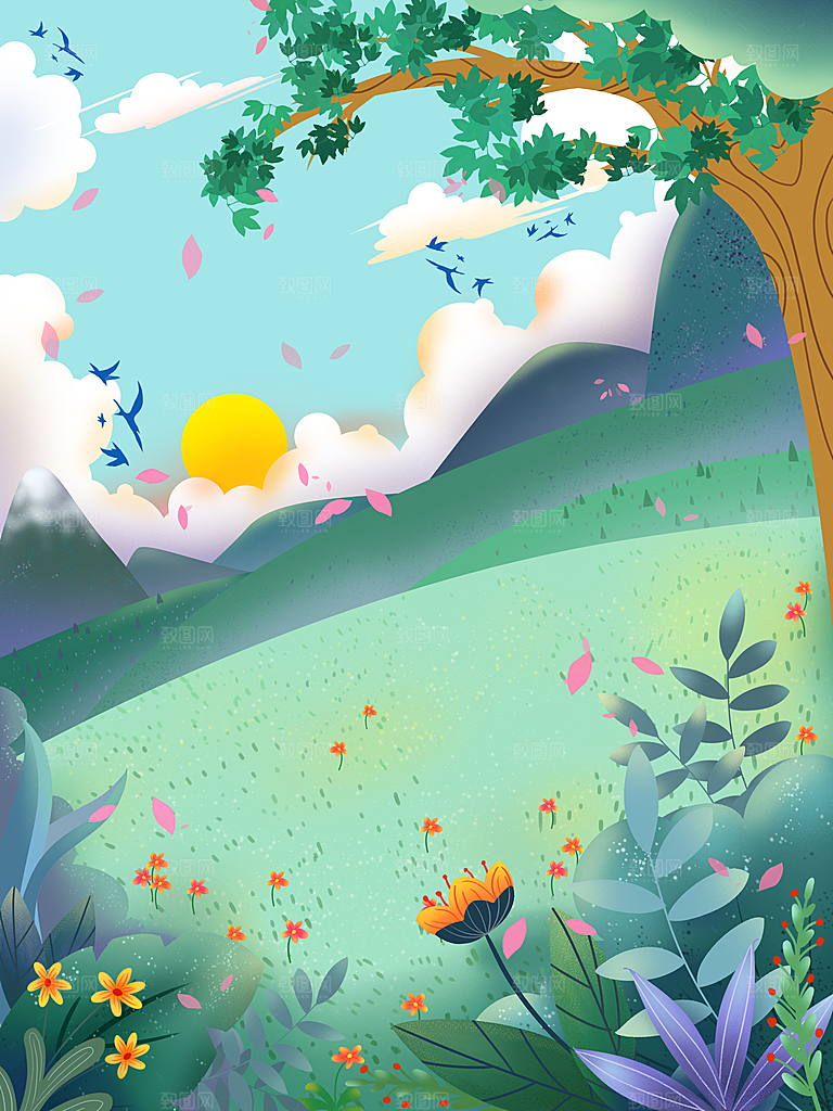 手绘树林植物叶子踏青风景插画
