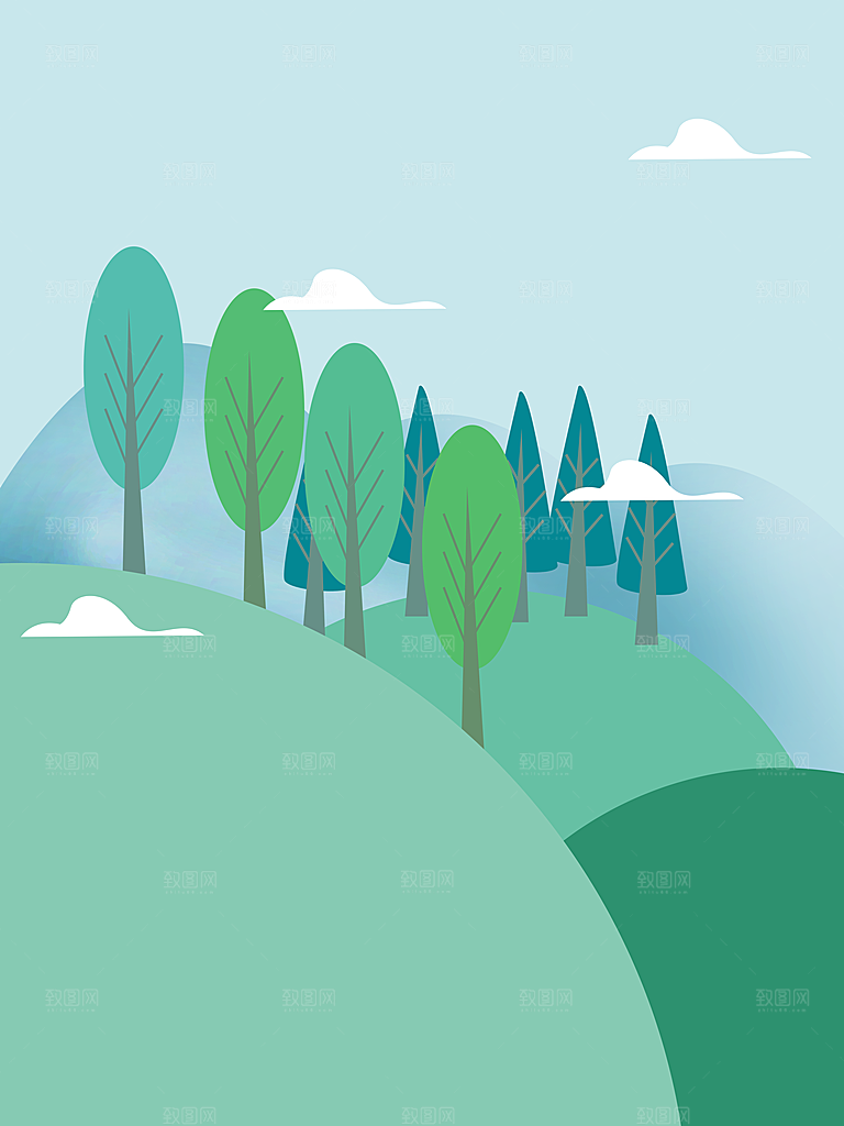 手绘树林植物叶子踏青风景插画