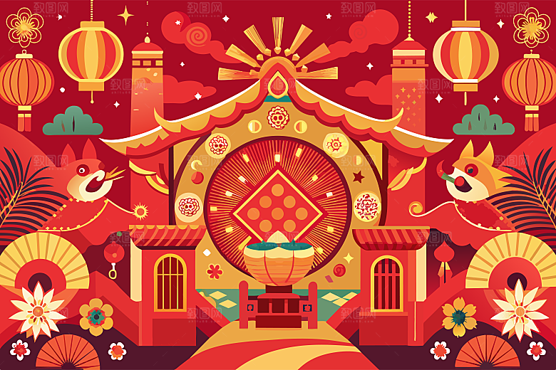 2025新年春节蛇年海报背景插画模板