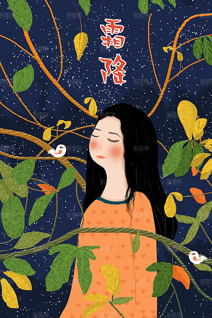 中国传统二十四节气霜降插画海报素材