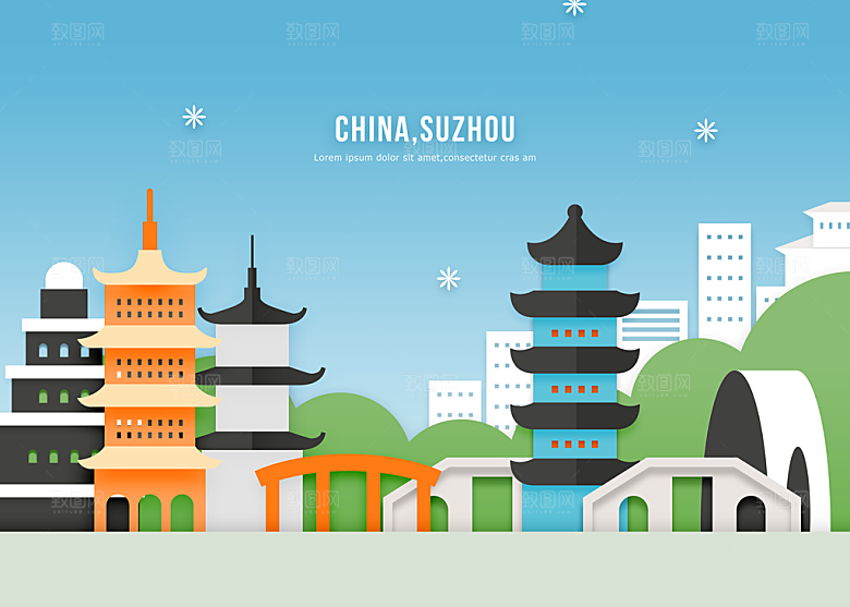旅游观光PSD模板城市印象插画地标建筑