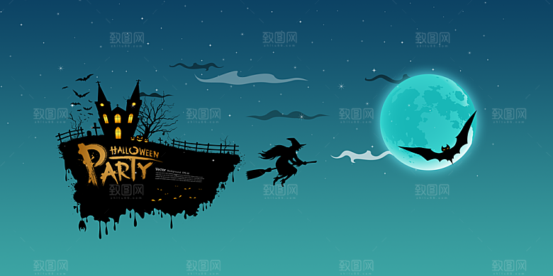 万圣节主题月亮城堡蝙蝠鬼南瓜灯元素背景