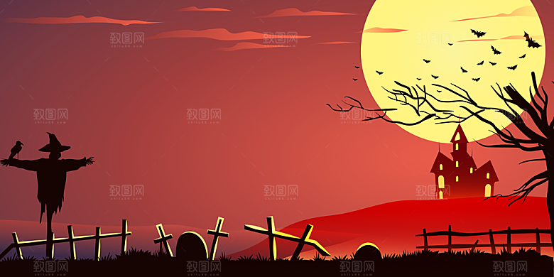 万圣节主题月亮城堡蝙蝠鬼南瓜灯元素背景