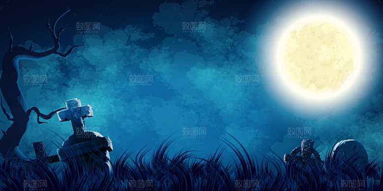 万圣节主题月亮城堡蝙蝠鬼南瓜灯元素背景