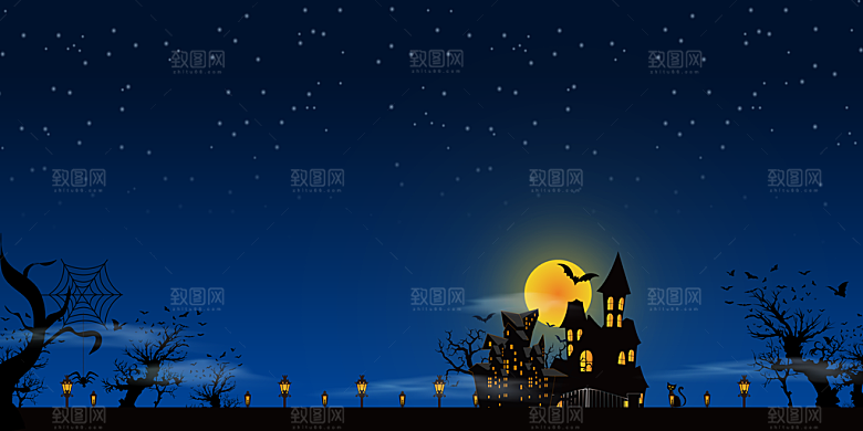万圣节主题月亮城堡蝙蝠鬼南瓜灯元素背景