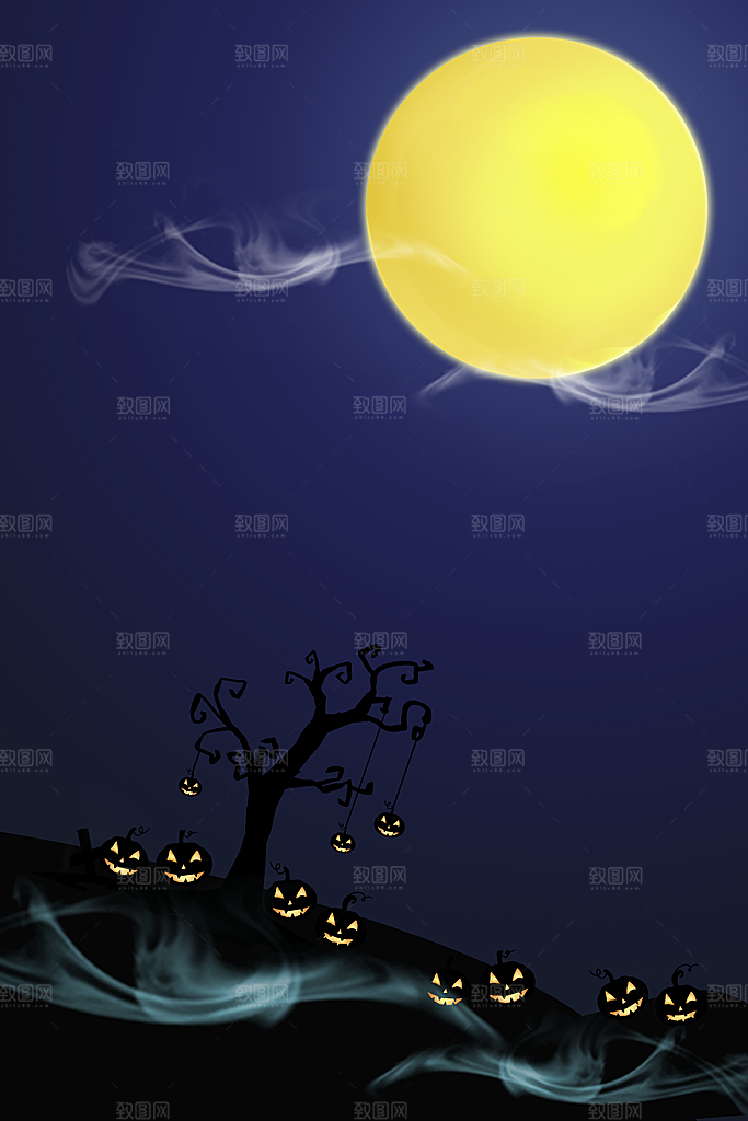 万圣节主题月亮城堡蝙蝠鬼南瓜灯元素背景