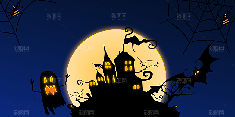 万圣节主题月亮城堡蝙蝠鬼南瓜灯元素背景