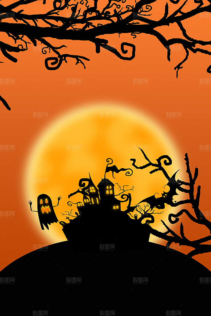万圣节主题月亮城堡蝙蝠鬼南瓜灯元素背景