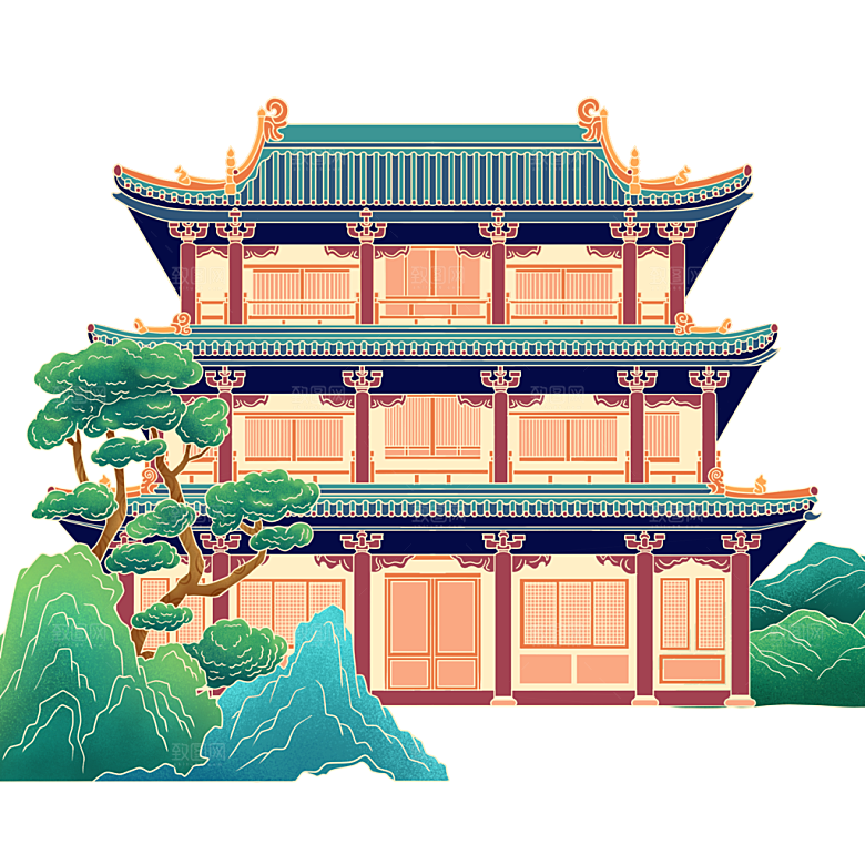 中国风手绘亭阁建筑插画素材