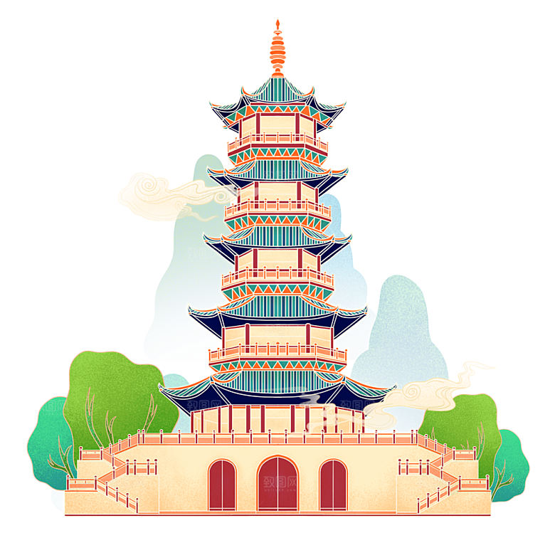 中国风手绘亭阁建筑插画素材