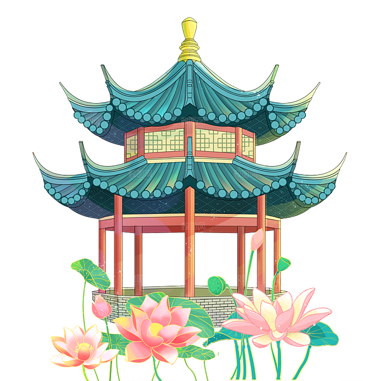 中国风手绘亭阁建筑插画素材