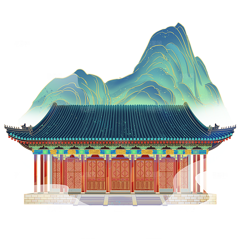 中国风手绘亭阁建筑插画素材