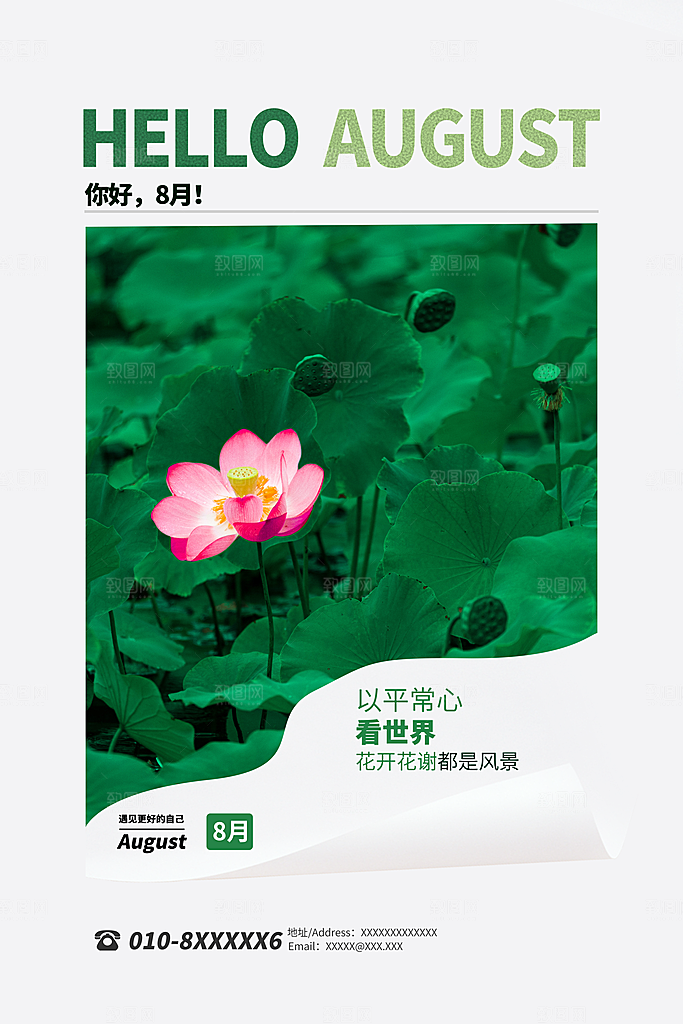 清新八月你好宣传海报