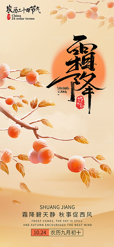 霜降插画节气大气唯美简约节日海报