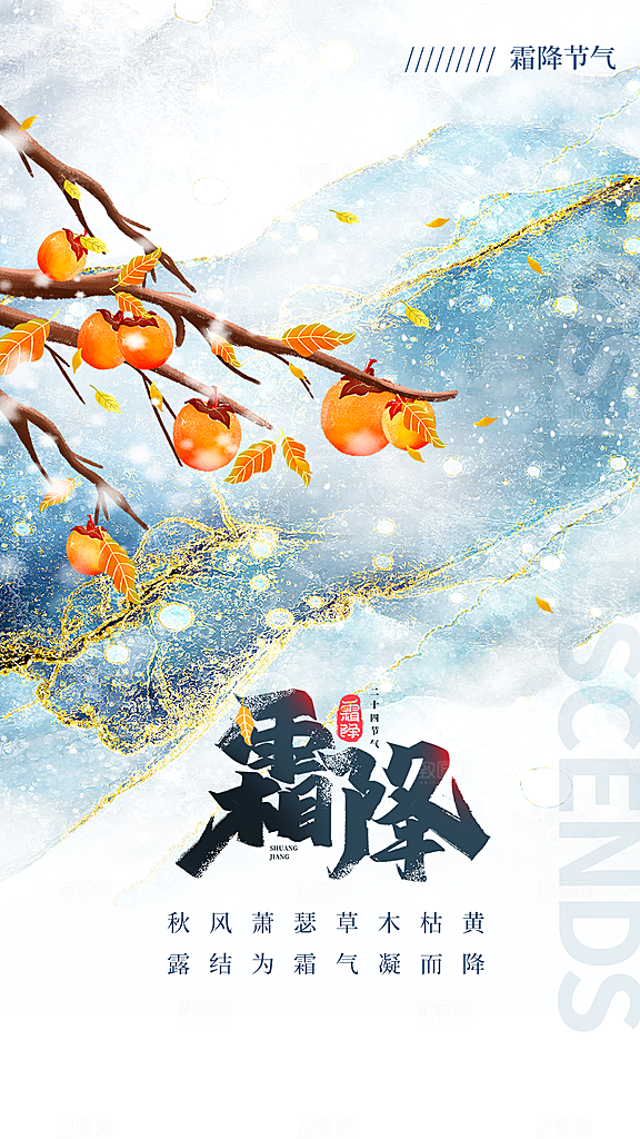 霜降插画简约节气唯美大气节日海报