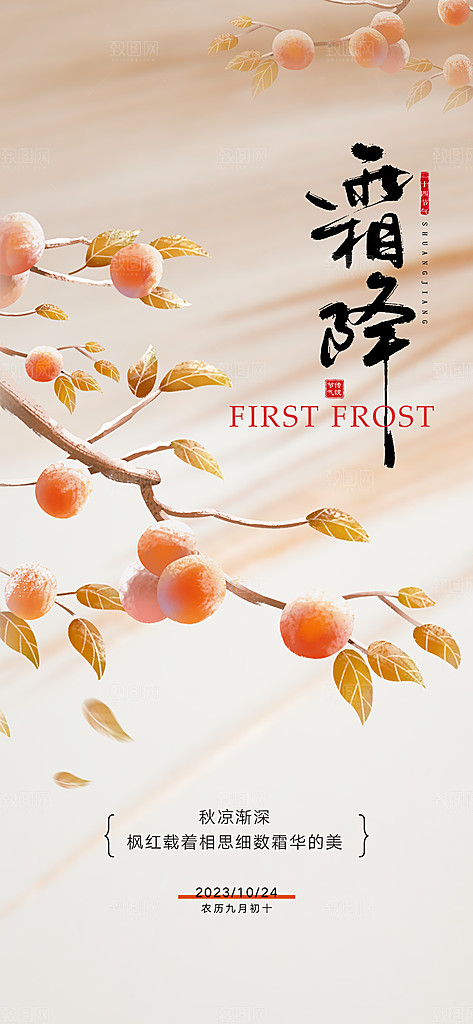 霜降节气插画唯美节日大气简约海报