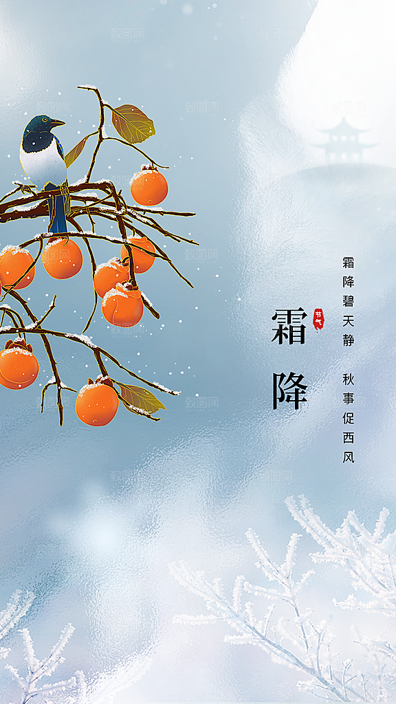 霜降节气国风唯美传统插画海报