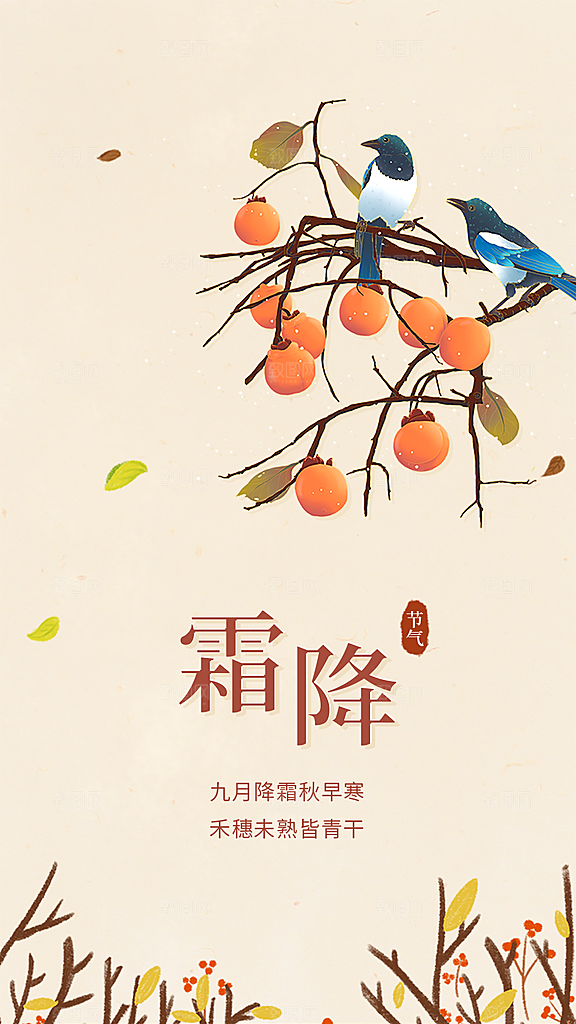 霜降节气国风唯美传统插画海报