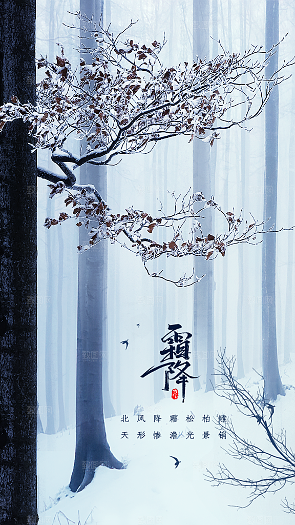 霜降国风节气唯美传统插画海报