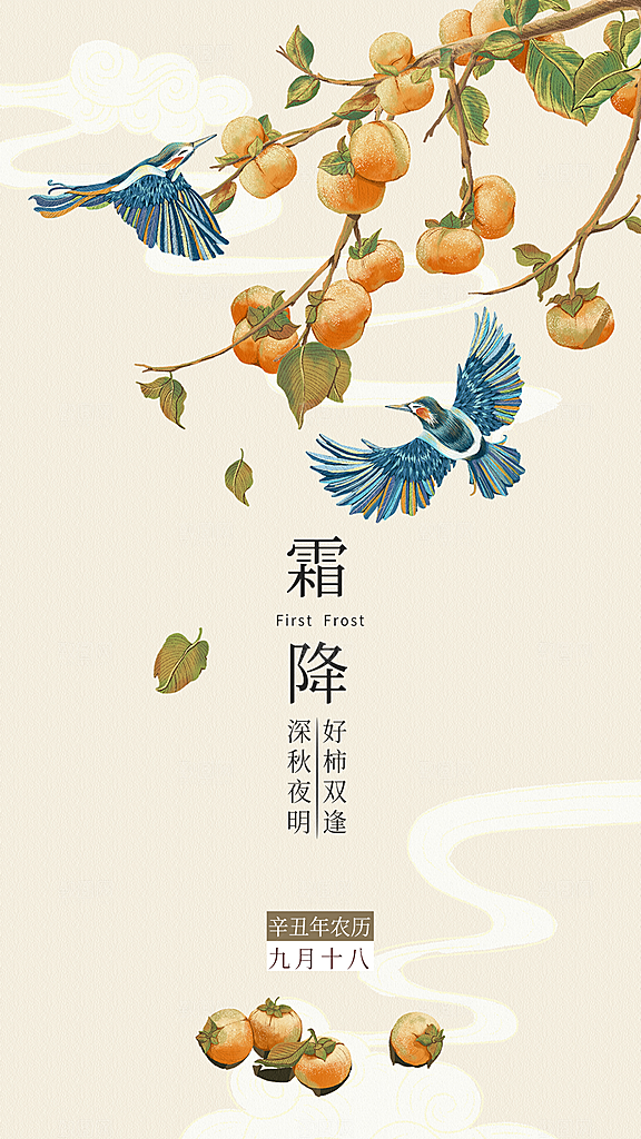 霜降插画唯美传统国风节气海报