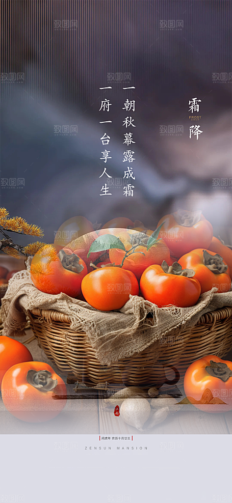 霜降插画传统唯美节气国风海报