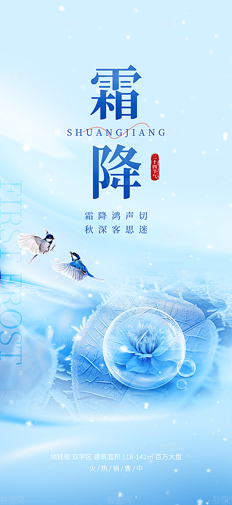 霜降插画传统唯美节气国风海报