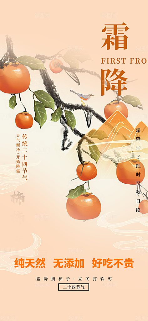 霜降传统插画唯美国风节气海报