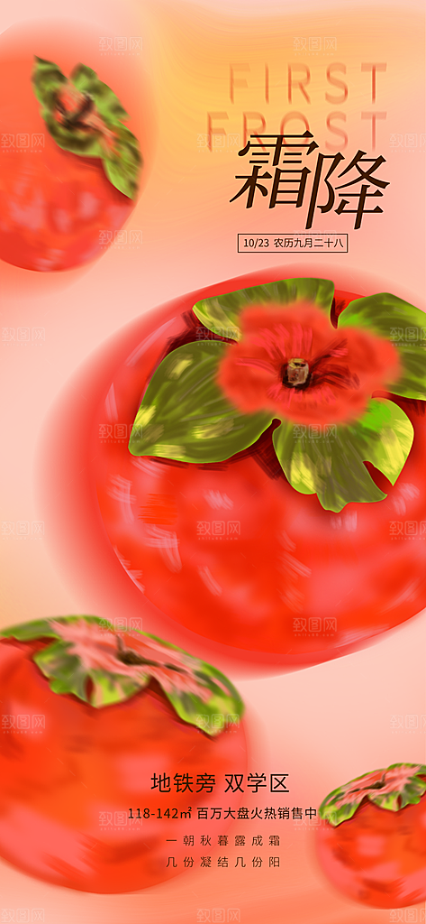 霜降传统插画唯美国风节气海报