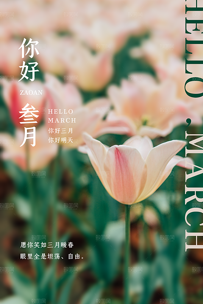 清新三月你好宣传海报