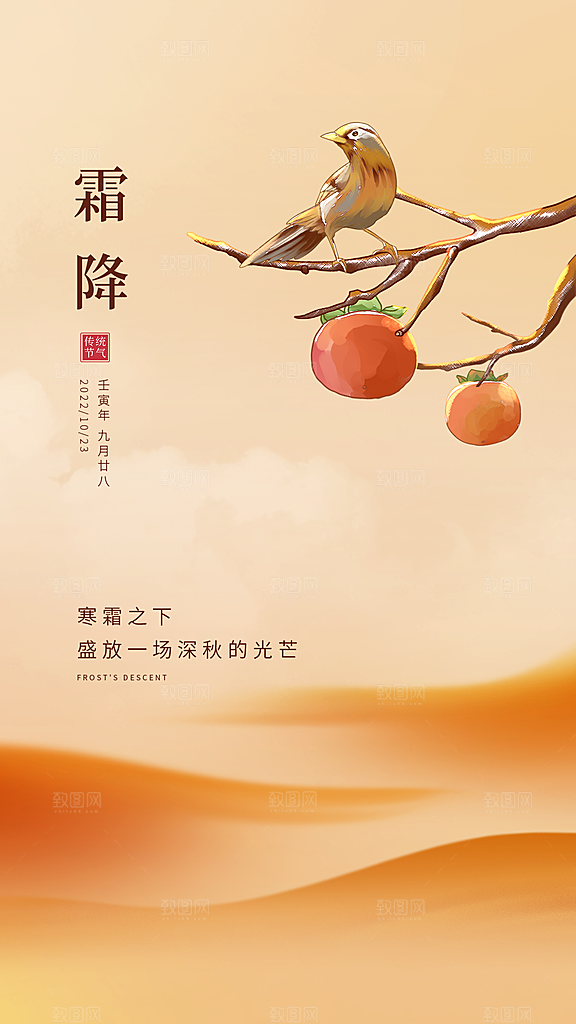 霜降插画节气大气唯美简约海报