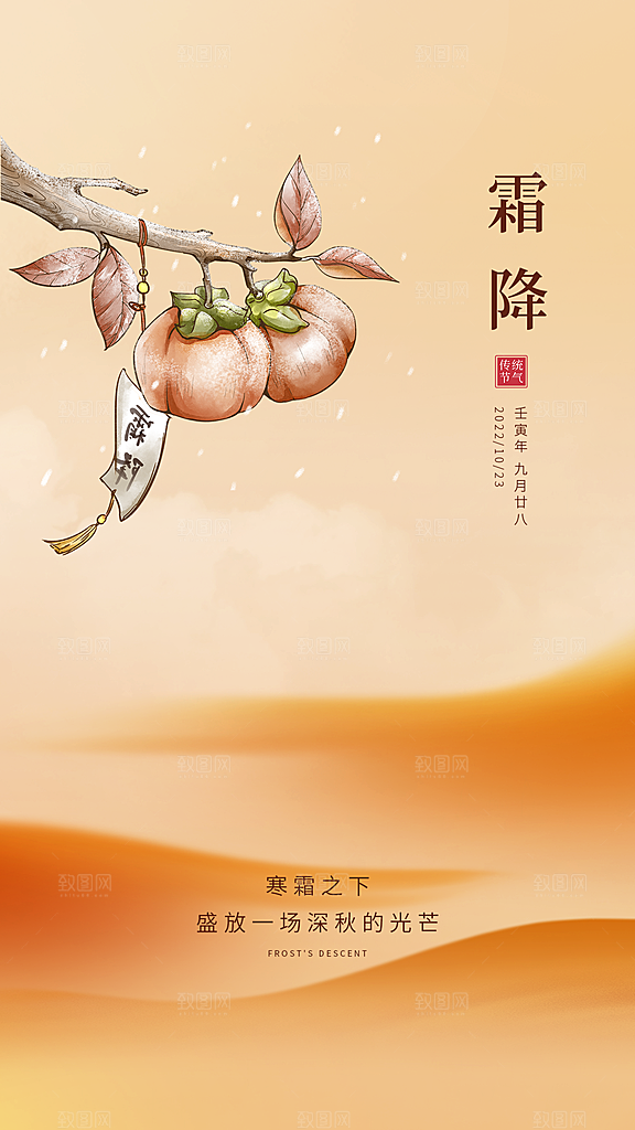 霜降插画节气大气唯美简约海报