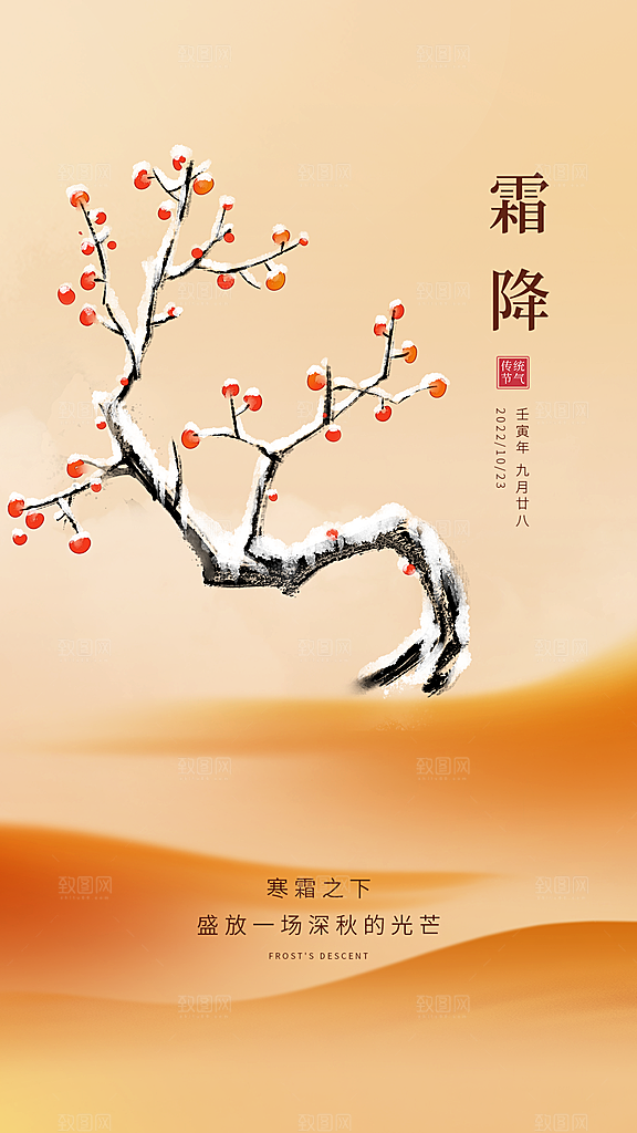 霜降插画节气大气唯美简约海报