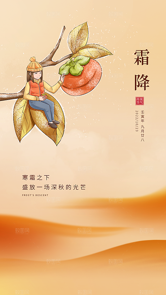 霜降插画节气大气唯美简约海报