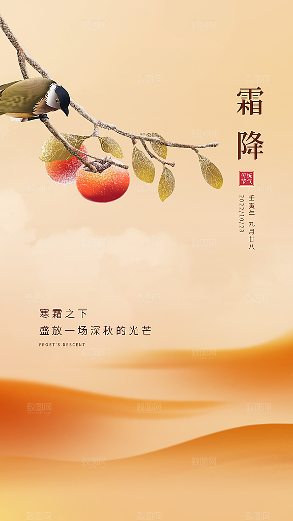 霜降插画节气大气唯美简约海报