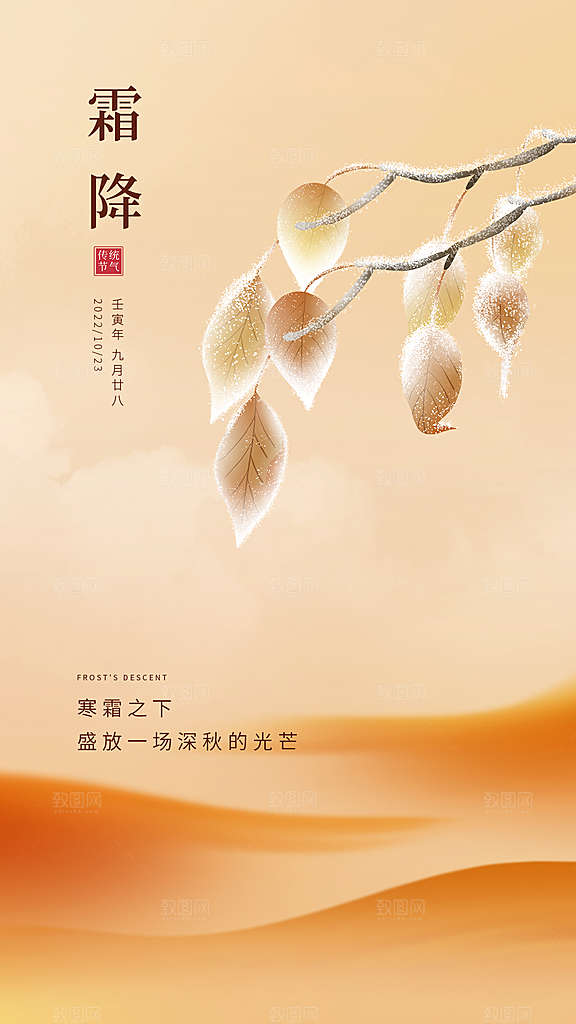 霜降插画节气大气唯美简约海报