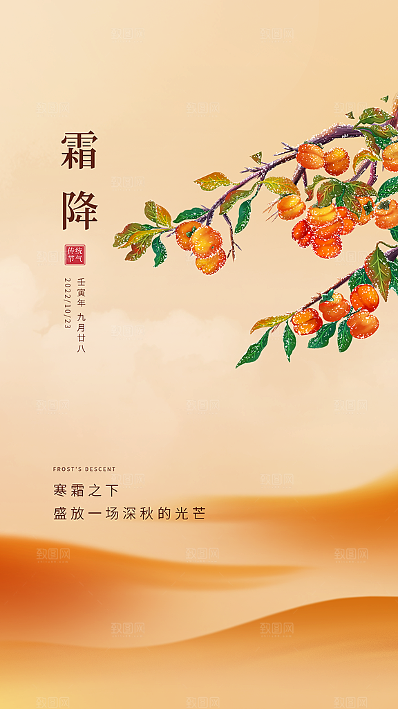 霜降插画节气大气唯美简约海报