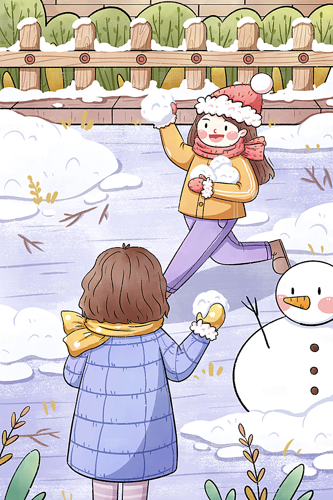 卡通手绘中国传统节日小雪二十四节气插画