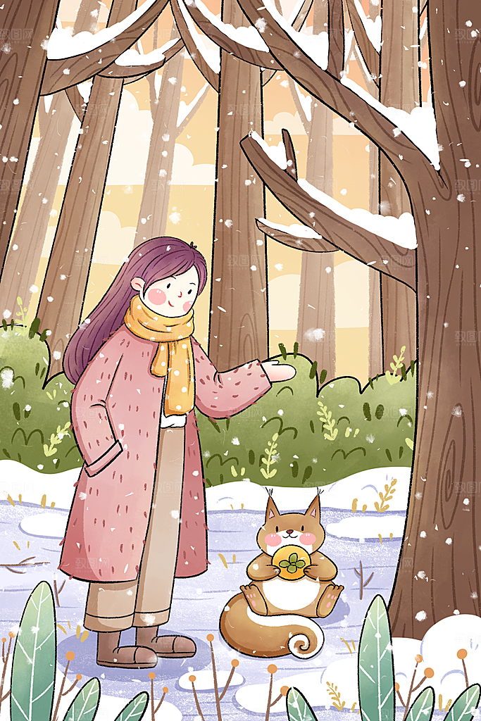 卡通手绘中国传统节日小雪二十四节气插画
