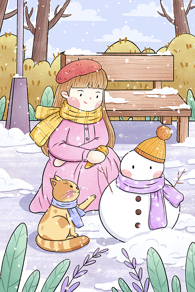 卡通手绘中国传统节日小雪二十四节气插画