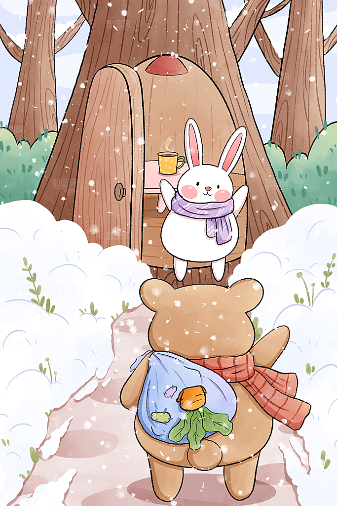 卡通手绘中国传统节日小雪二十四节气插画