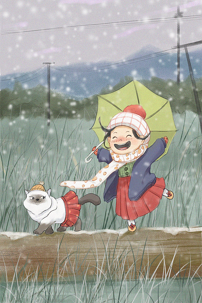 卡通手绘中国传统节日小雪二十四节气插画