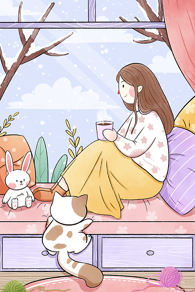 卡通手绘中国传统节日小雪二十四节气插画