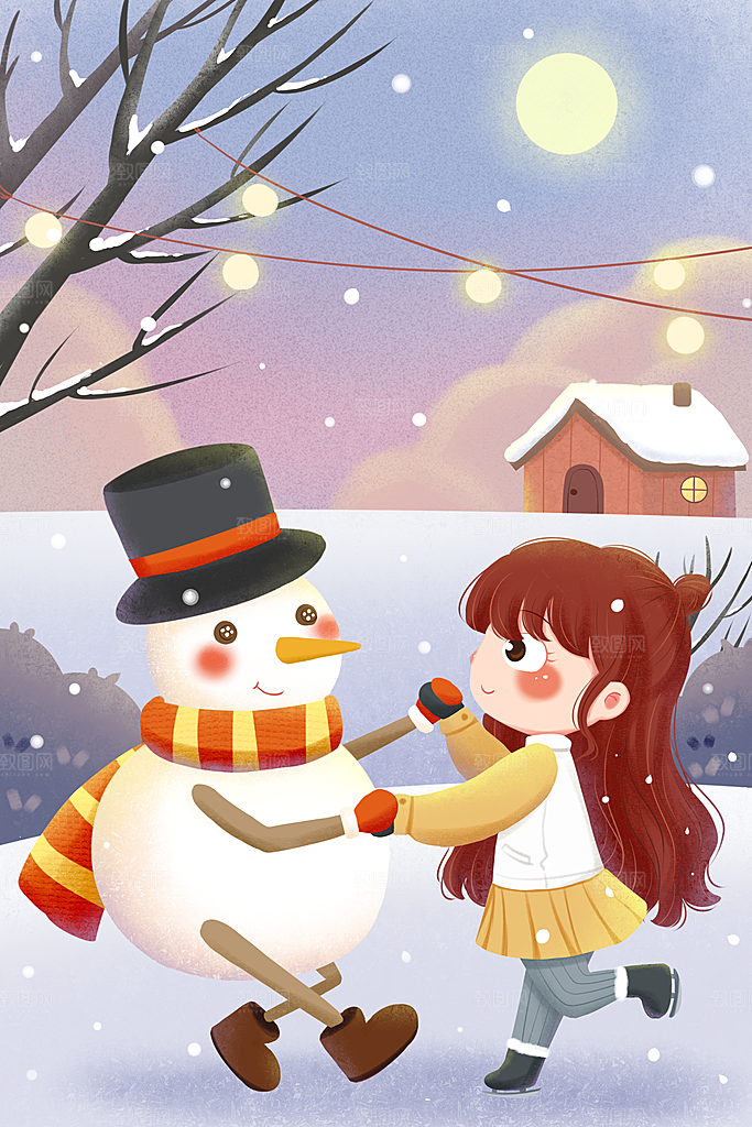 卡通手绘中国传统节日小雪二十四节气插画