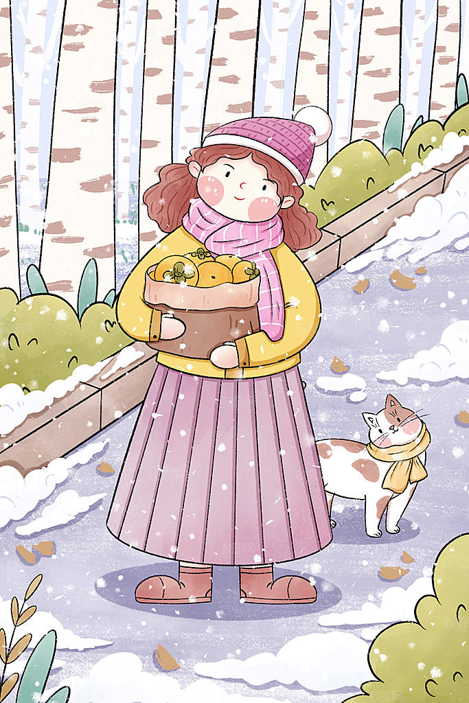 卡通手绘中国传统节日小雪二十四节气插画