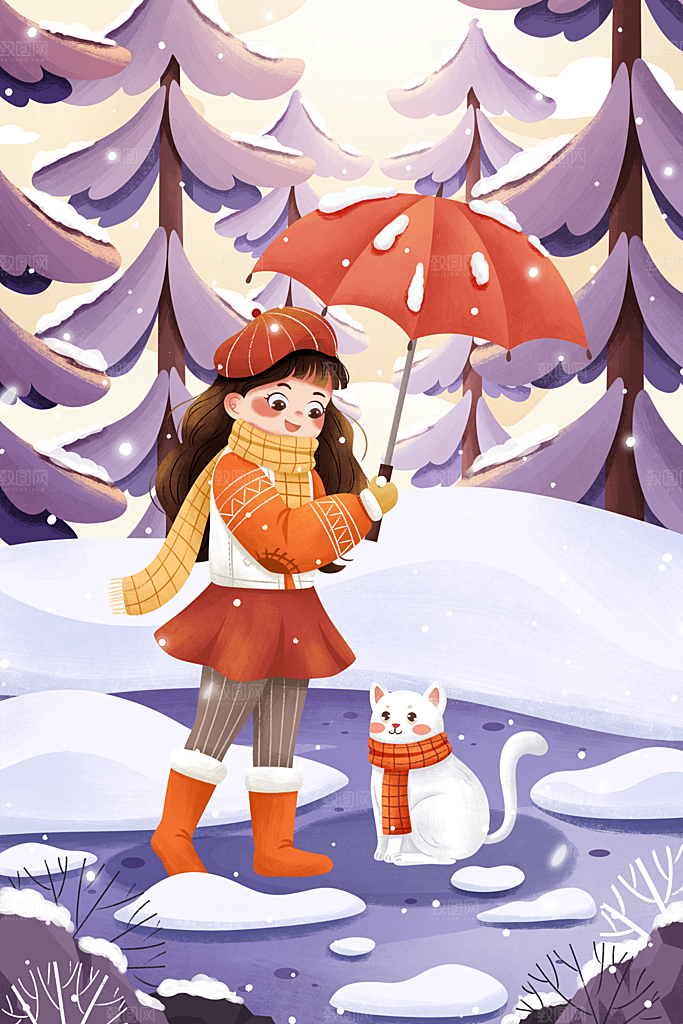 卡通手绘中国传统节日小雪二十四节气插画