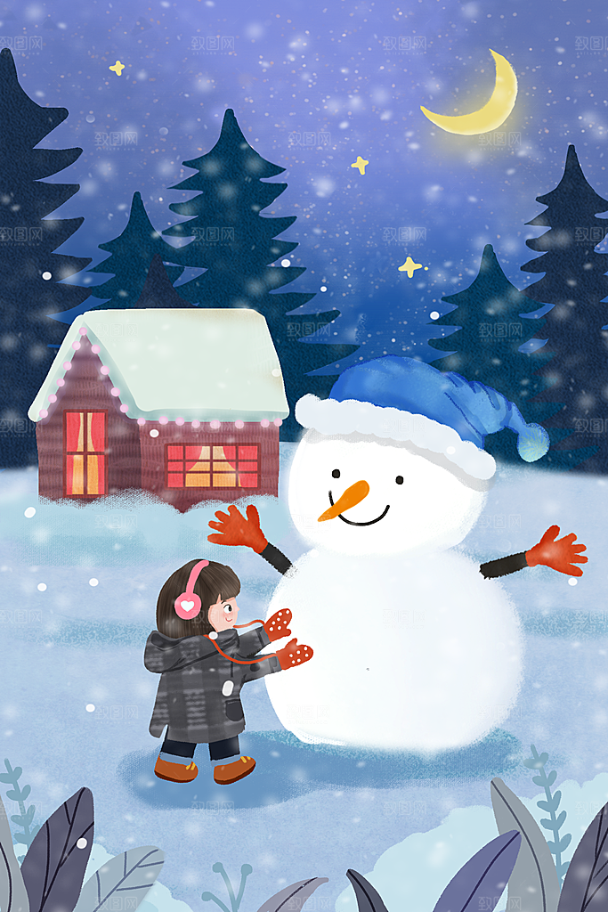 卡通手绘中国传统节日小雪二十四节气插画
