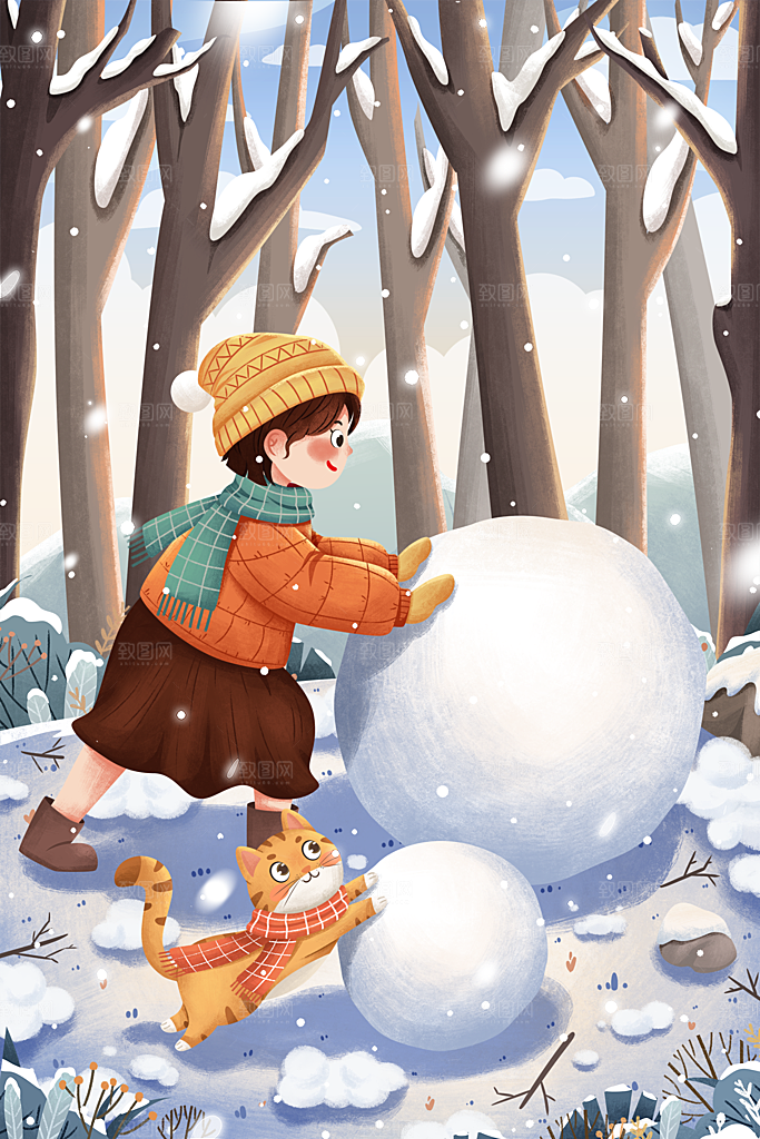 卡通手绘中国传统节日小雪二十四节气插画