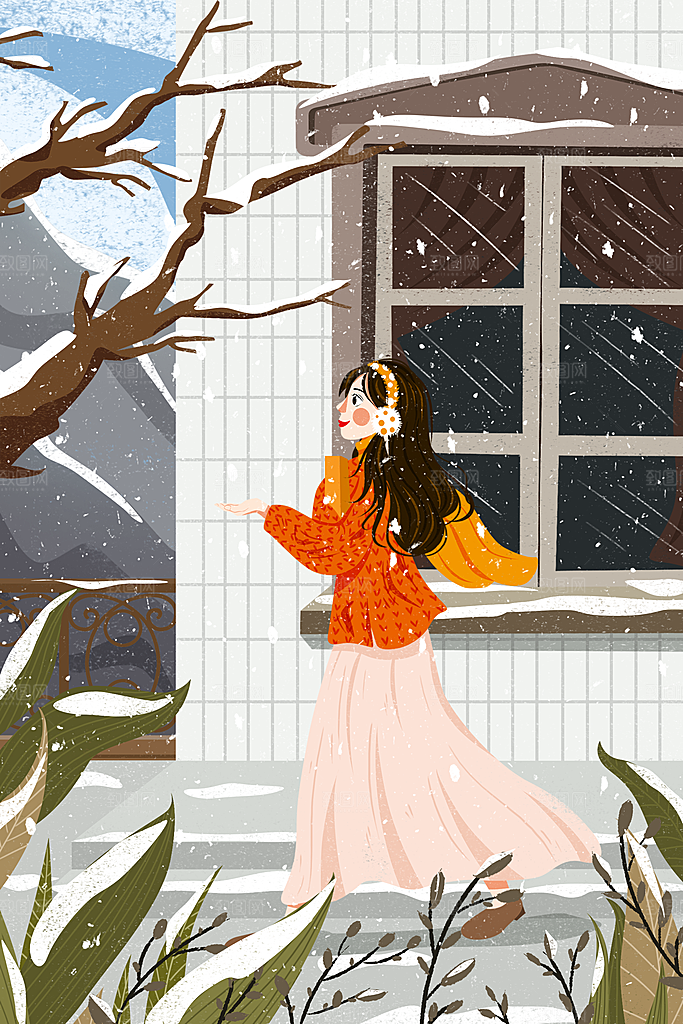 卡通手绘中国传统节日小雪二十四节气插画