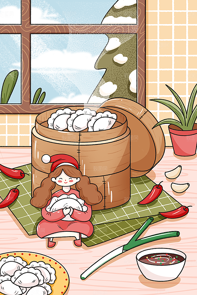 卡通手绘中国传统节日小雪二十四节气插画