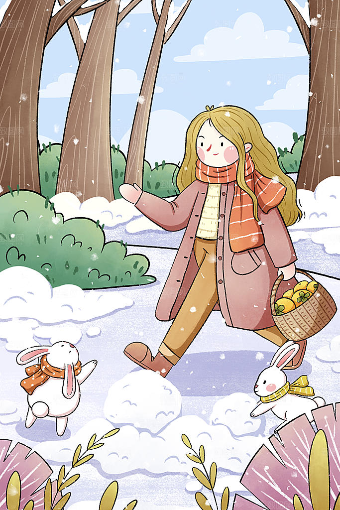 卡通手绘中国传统节日小雪二十四节气插画